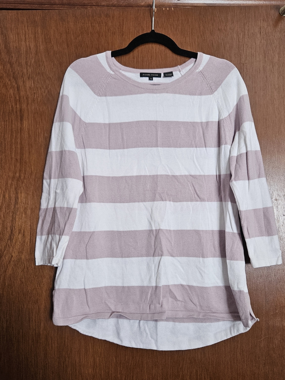 JEANNE PIERRE Pink and White Striped Crewneck Sweater